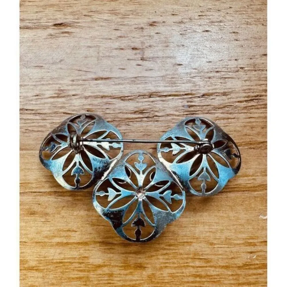 Vintage Sterling Silver Hand Painted‎ Flower Pin Brooch With Screw back Earrings